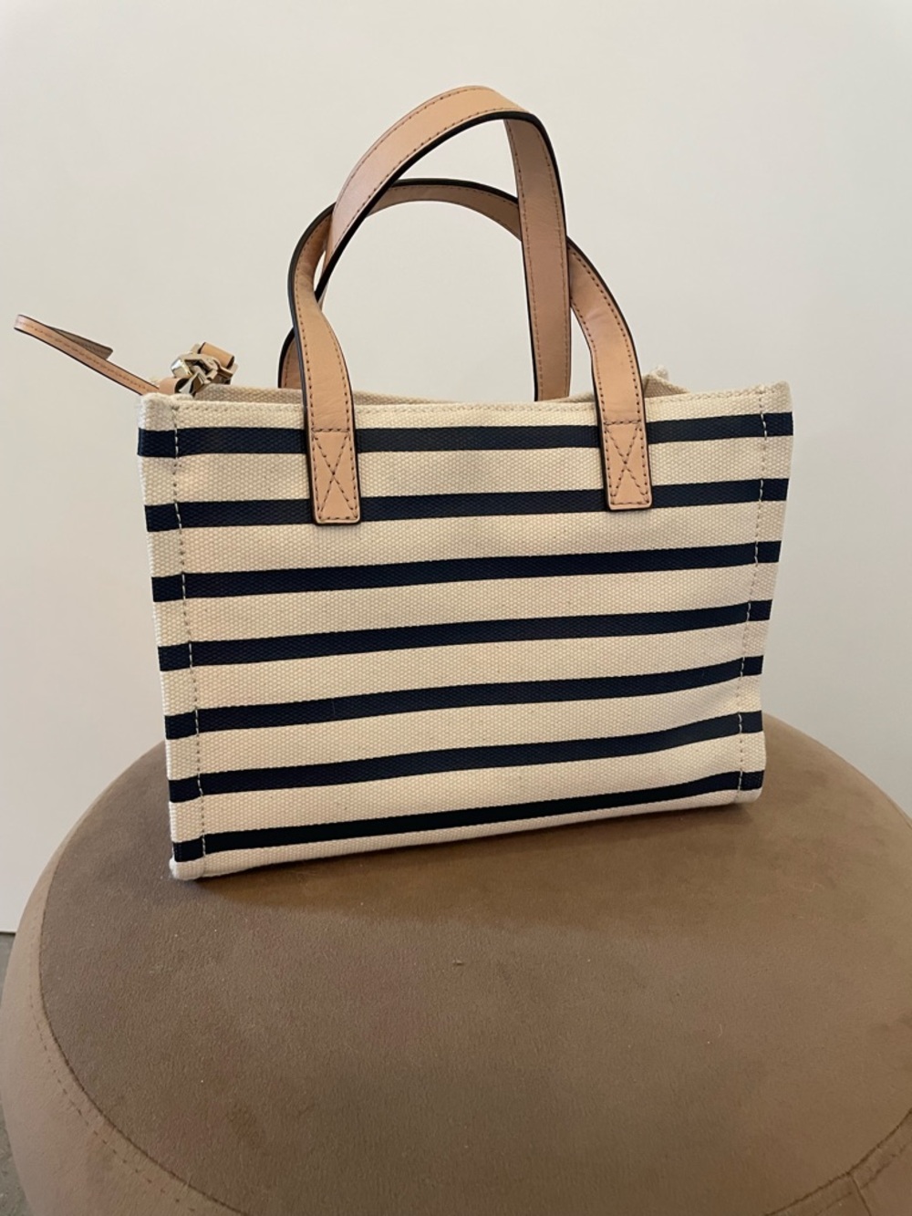 Kate Spade Navy/Cream Striped Canvas Bag with Leather Handles/Strap - Picture 3 of 9